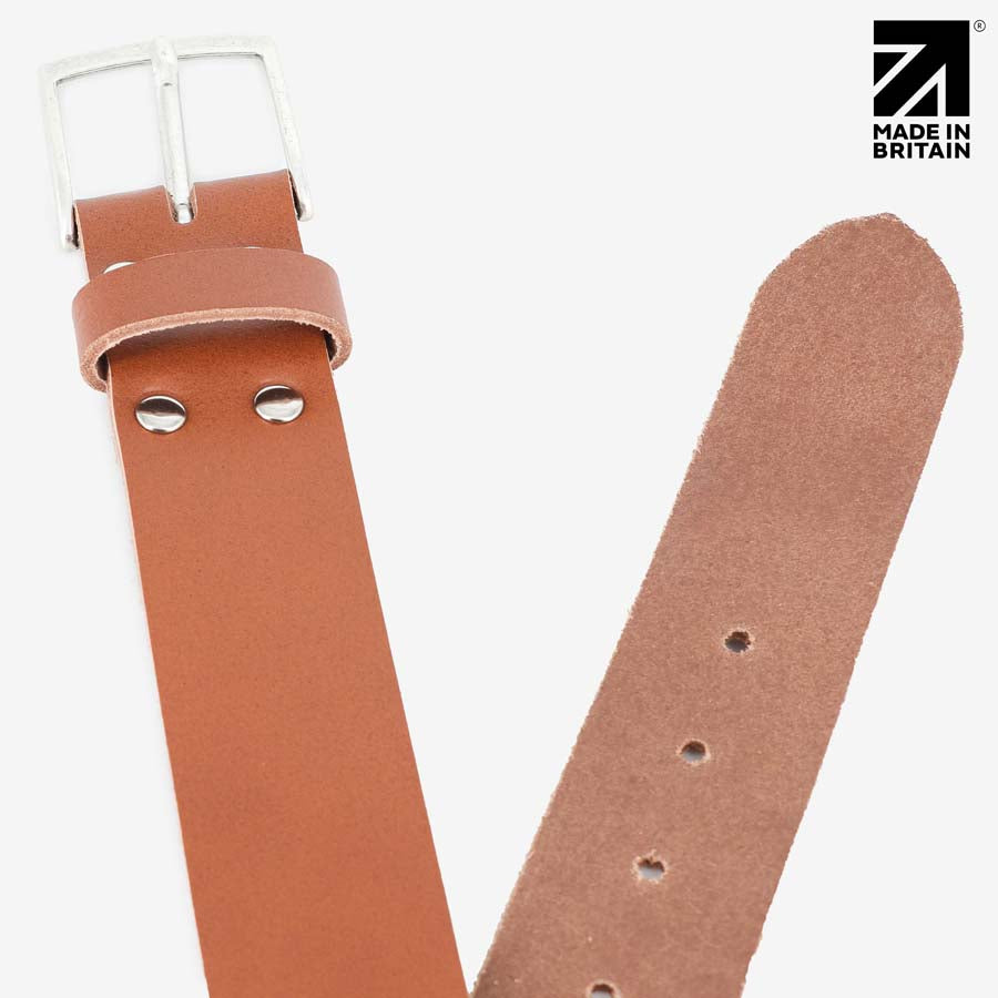Top angle view of chestnut split-grain leather belt 40mm — PRIMEHIDE