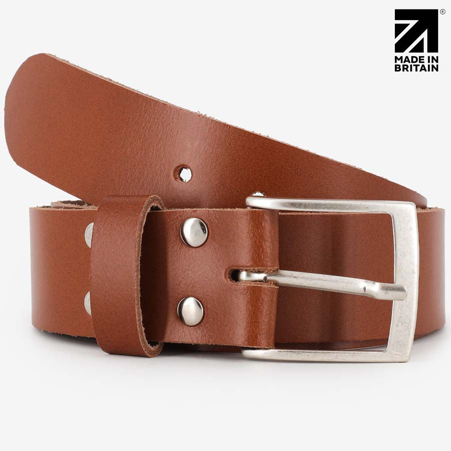 Chestnut 40mm leather belt raw edge finish front view — Made in Britain — PRIMEHIDE