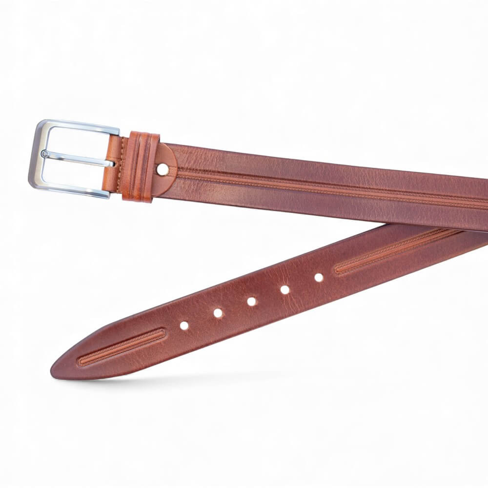 Men’s tan leather belt with silver buckle