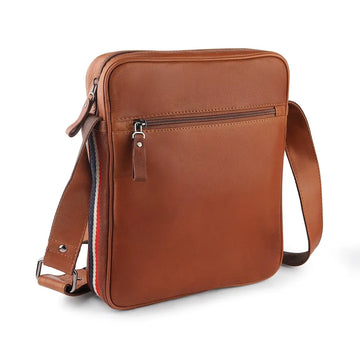 Men’s genuine leather crossbody tablet bag in tan with front zip pocket