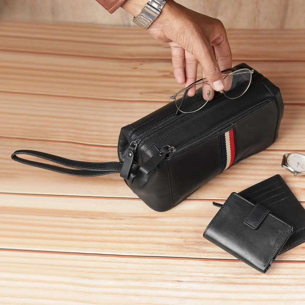 Mens Leather Wash Bag Texan Black-5