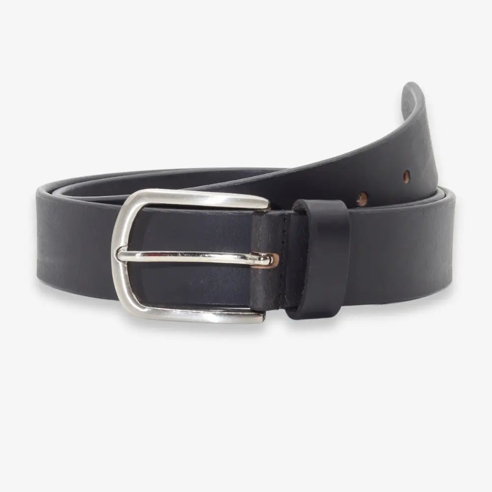 A black leather belt with a polished silver-tone metal buckle, neatly coiled on a light gray background.
