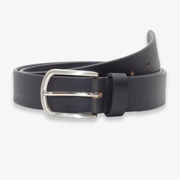 A black leather belt with a polished silver-tone metal buckle, neatly coiled on a light gray background.