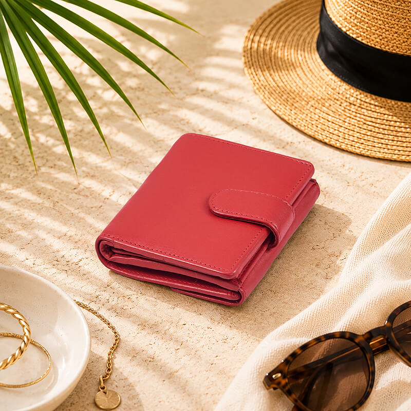 Red wallet on sand with a hat, sunglasses, and jewelry