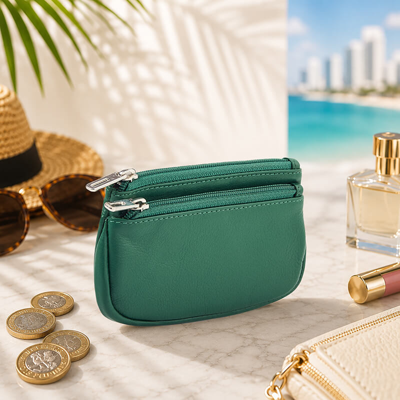 Green Leather Double Zip Coin Purse 