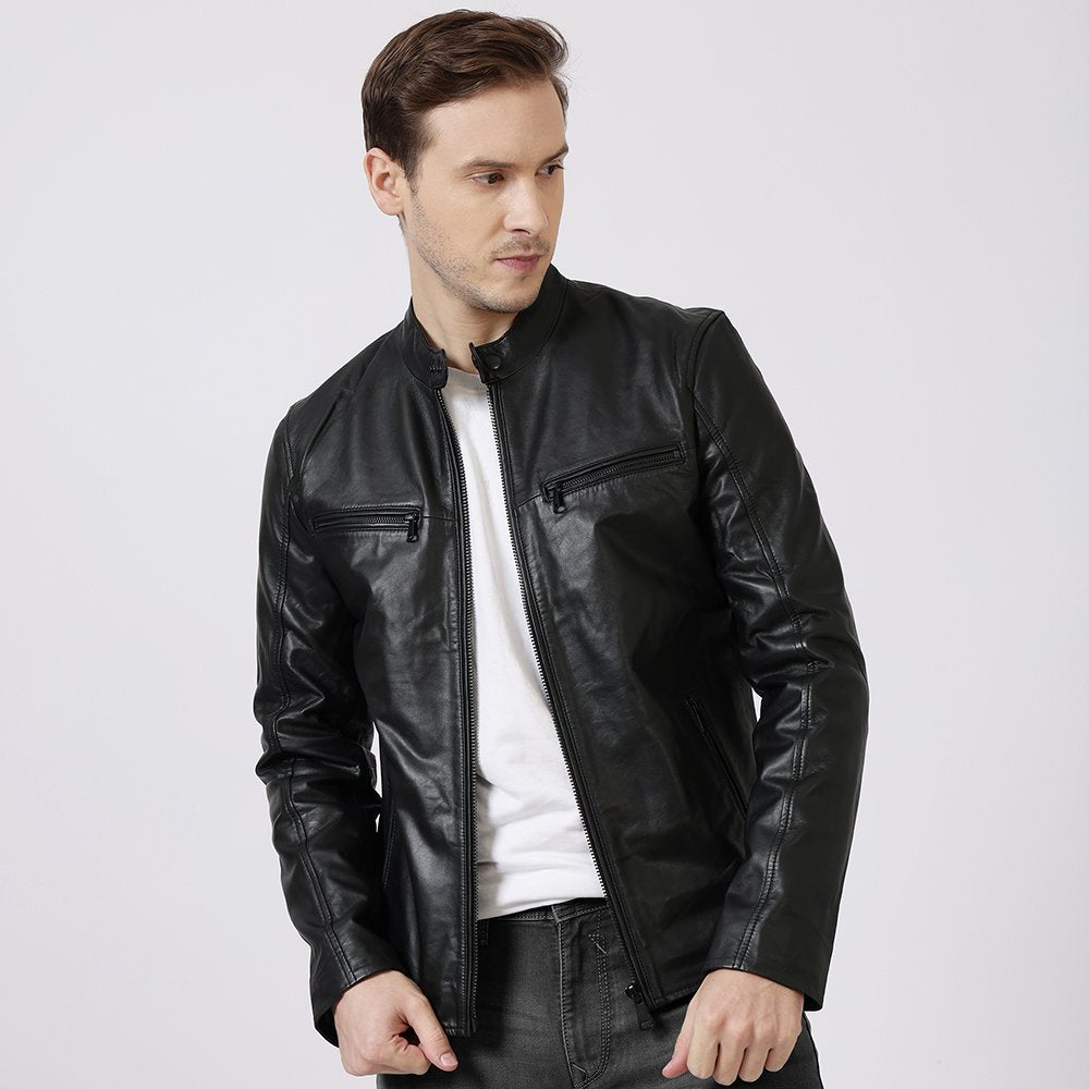 Moto Racer Leather Jacket George Black 6741 2