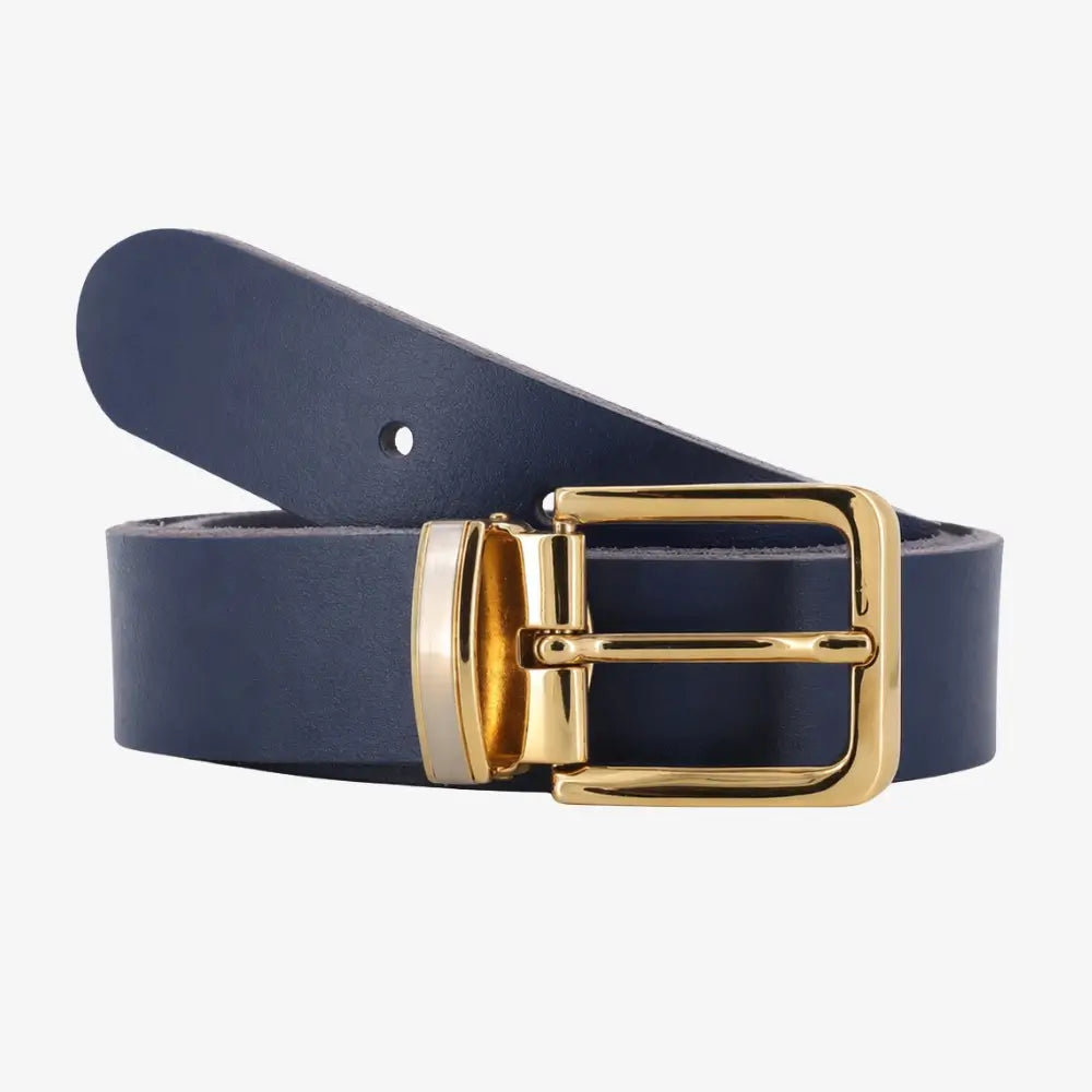 Front view of Navy leather belt with a gold buckle on a white background