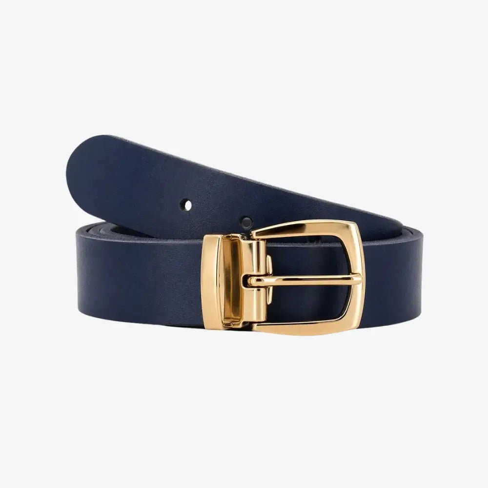 Front view of Navy belt with a gold buckle on a white background