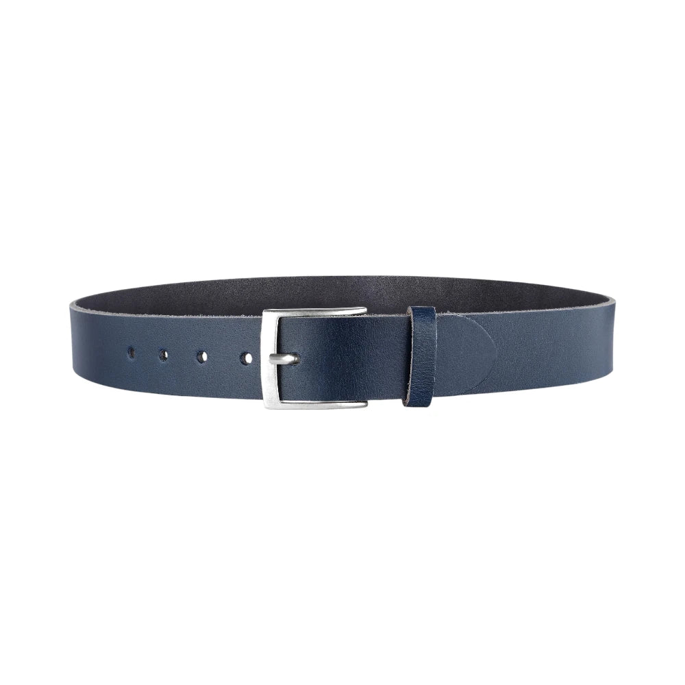 Navy blue belt with a silver buckle on a white background