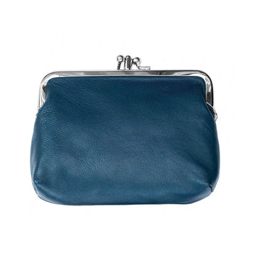 Navy clutch purse with a silver clasp on a white background