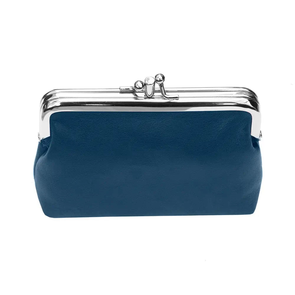 Navy clutch bag with a silver clasp on a white background
