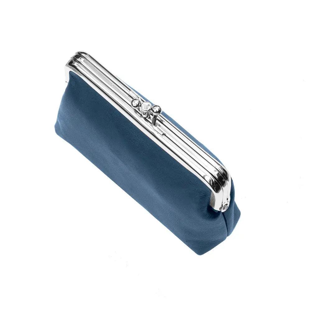 Navy clutch bag with a silver frame on a white background