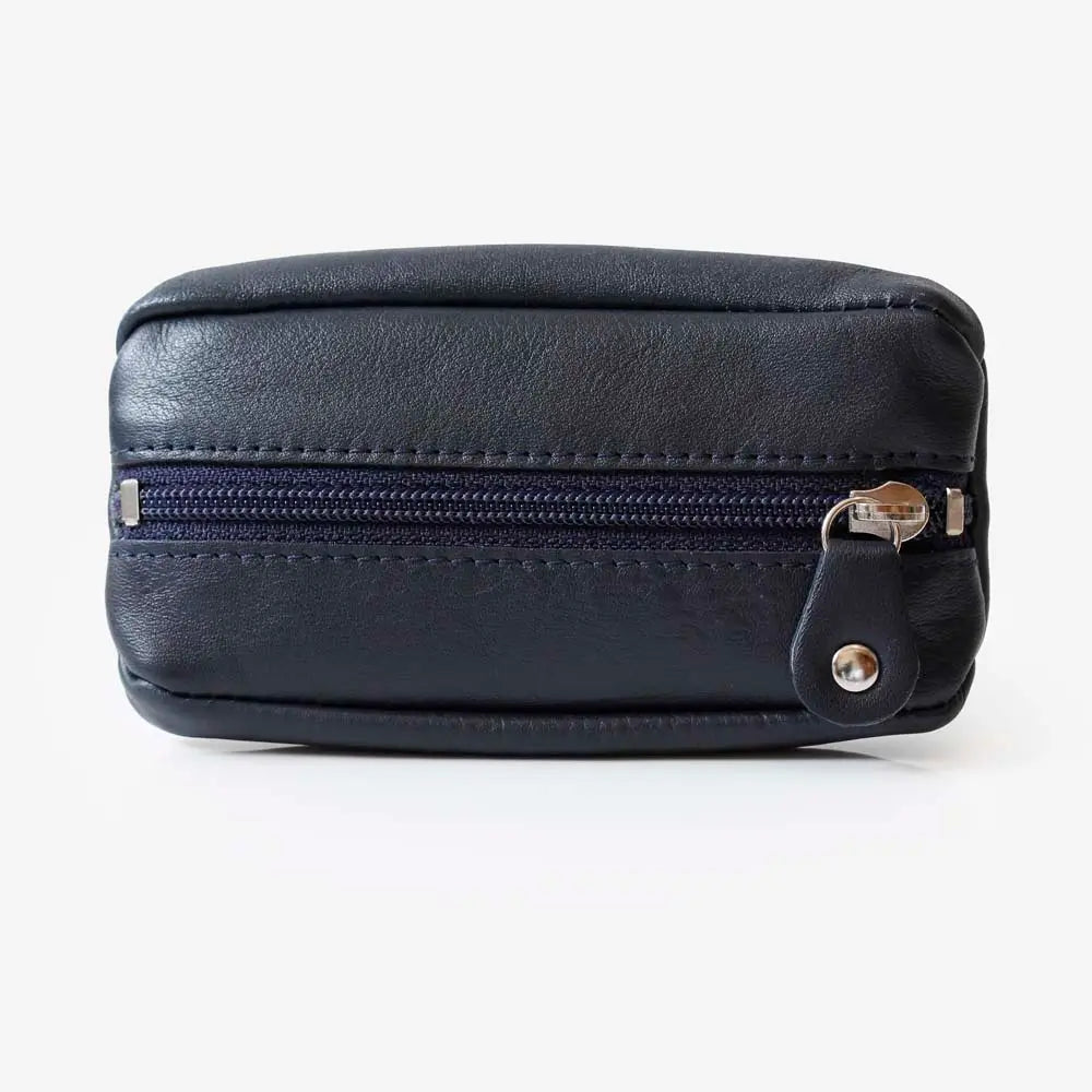 Front view of Navy Small Leather Zipper Keyring Pouch on grey background