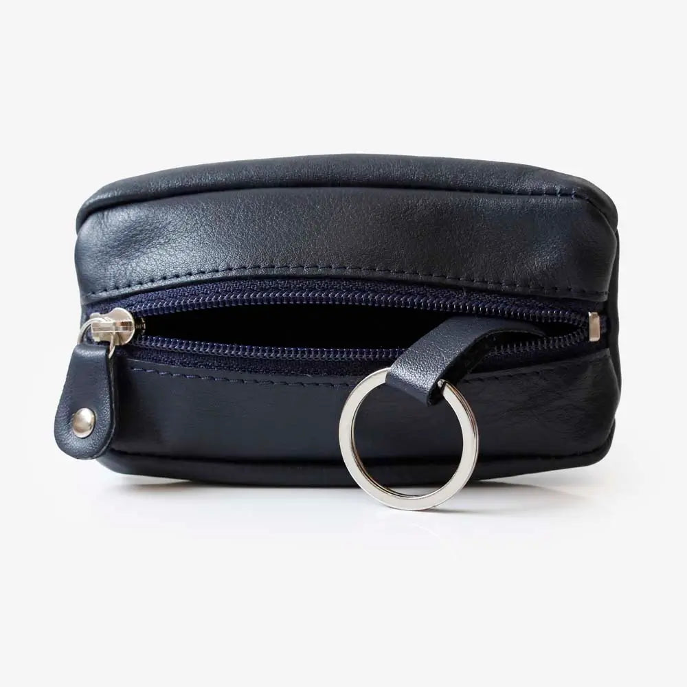 Navy Small Leather Zipper Keyring Pouch on grey background