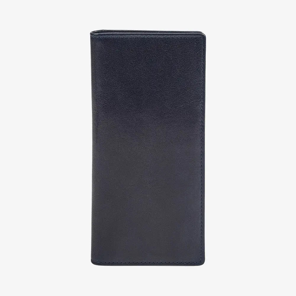 Front view of Navy leather wallet on a light gray background
