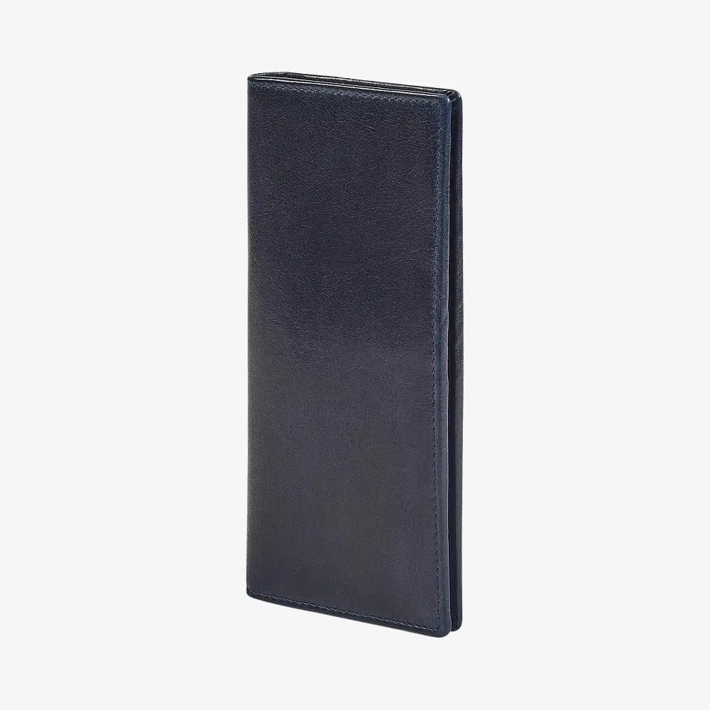 Side angle  view of Navy  leather wallet on a white background
