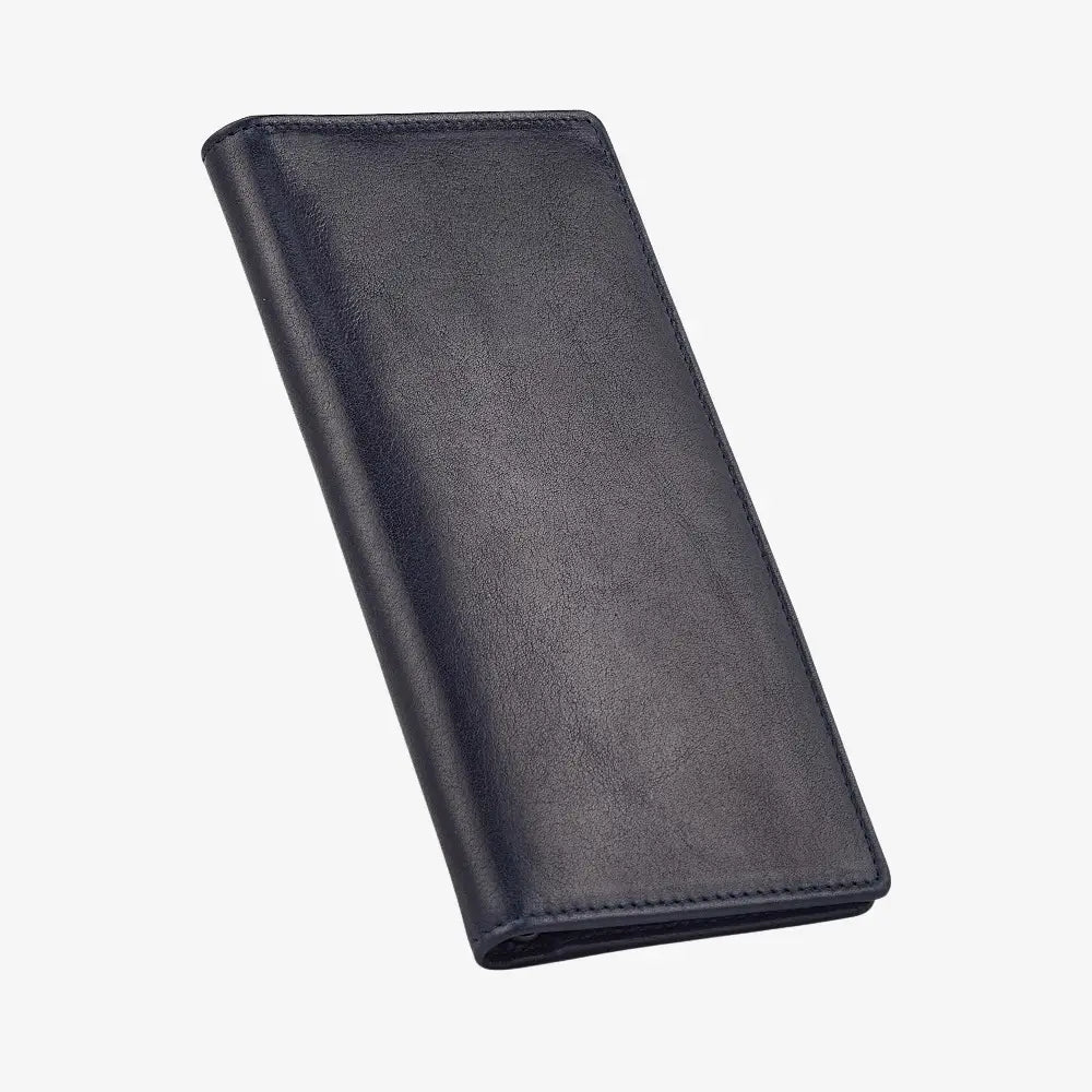 Navy leather wallet on a white background