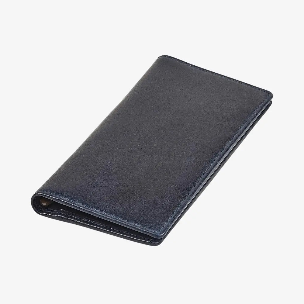 Top view of Navy  leather wallet on a white background