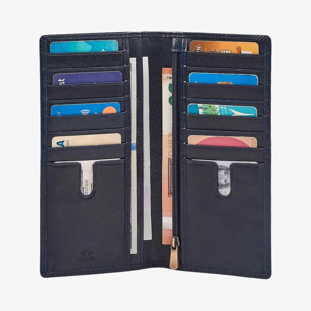 Open Navy wallet with various cards and cash on a white background
