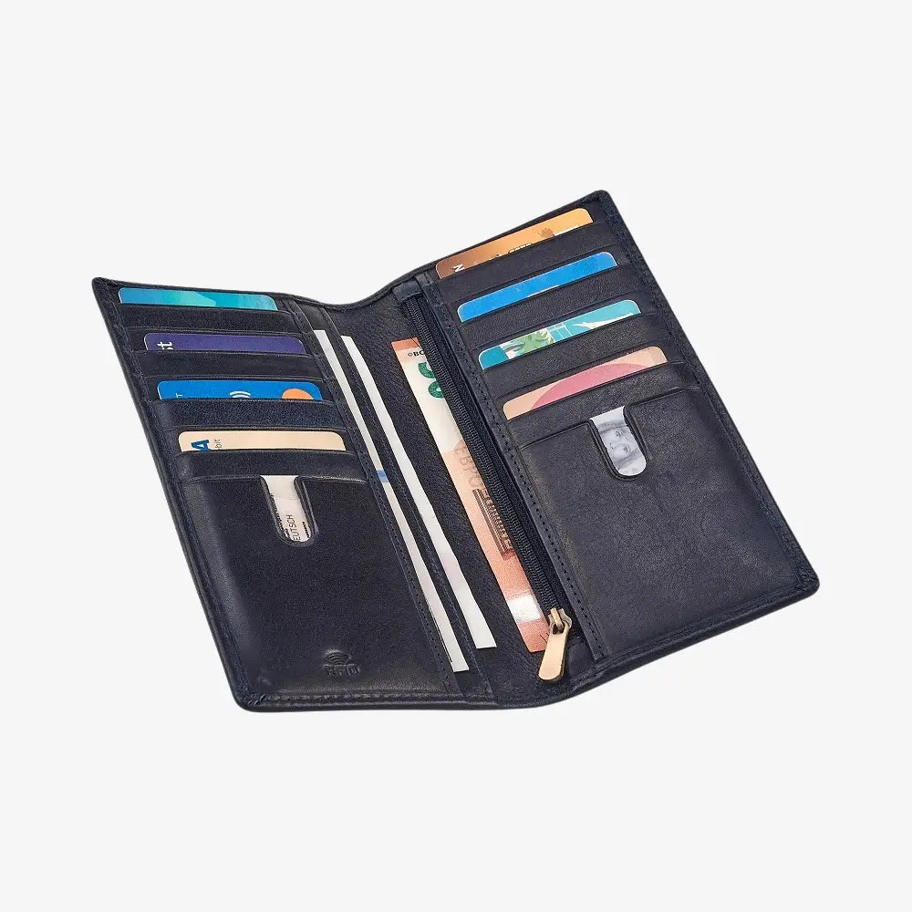 Open Navy wallet with various cards and money on a white background