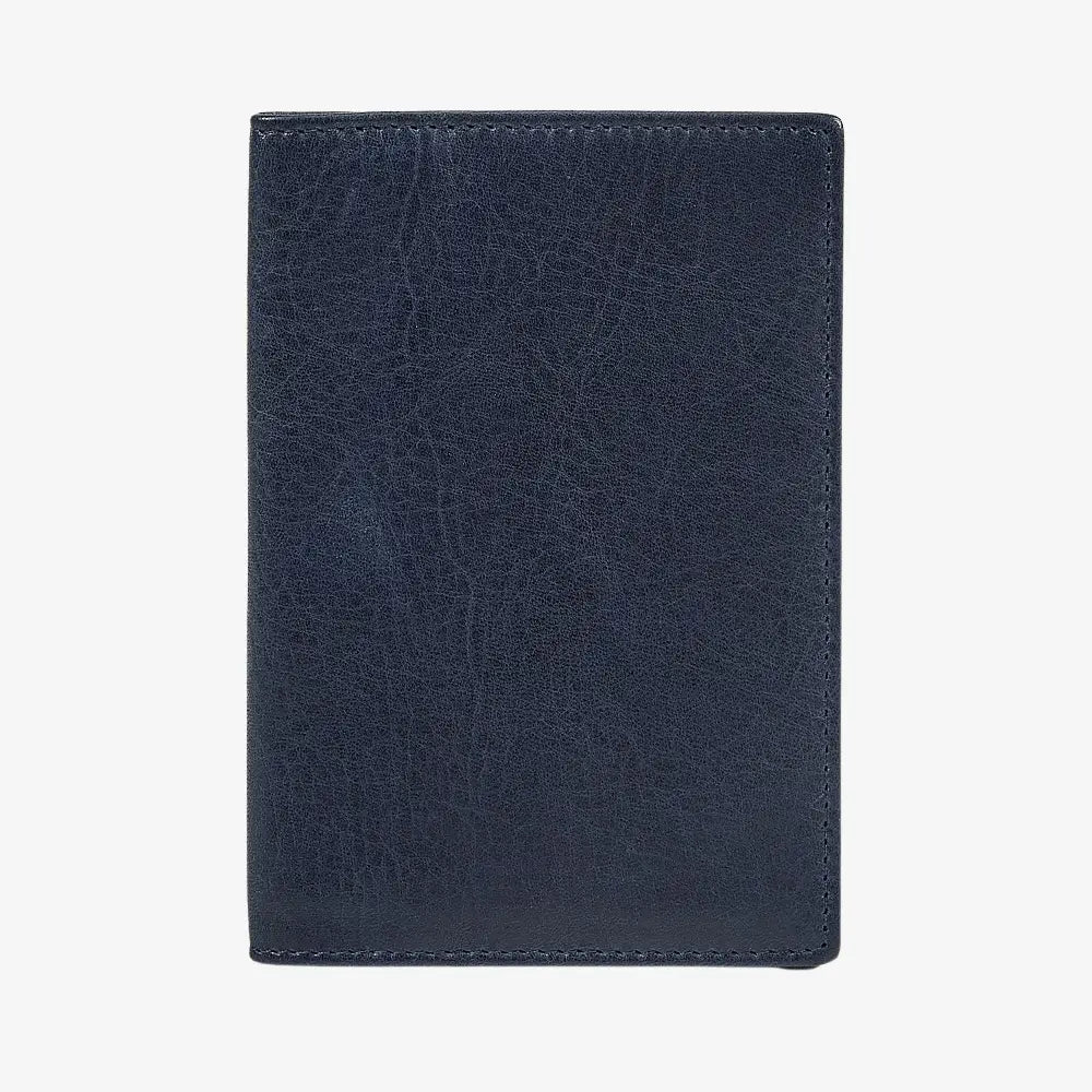 Front view of Navy leather passport holder on a white background