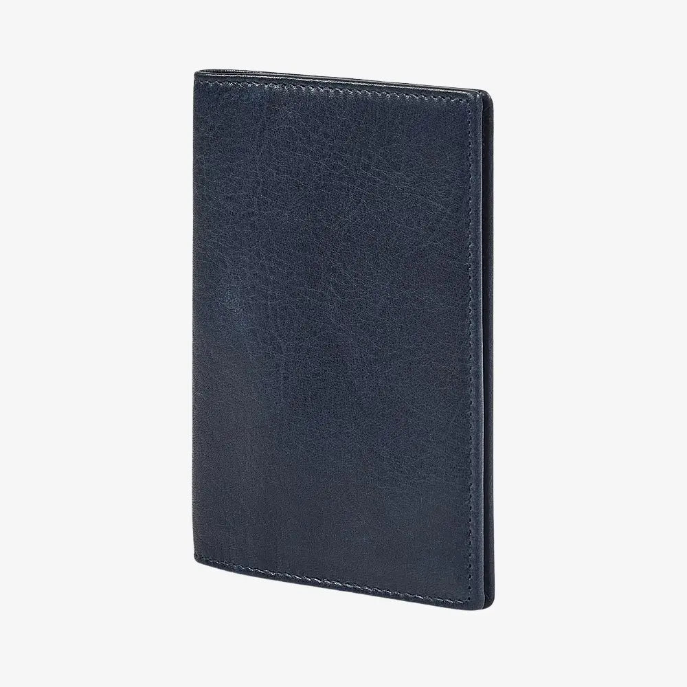 Side view of Navy leather passport holder on a white background