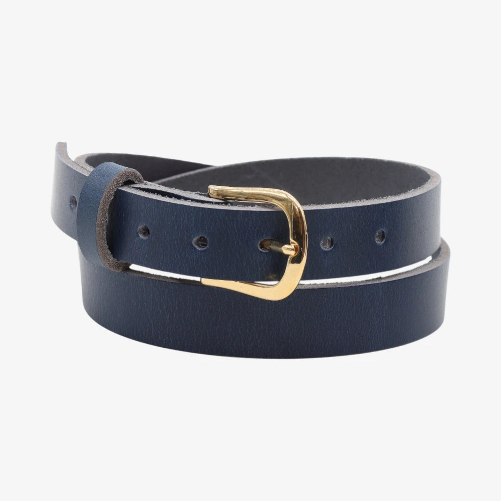 Navy leather belt with a gold buckle on a white background