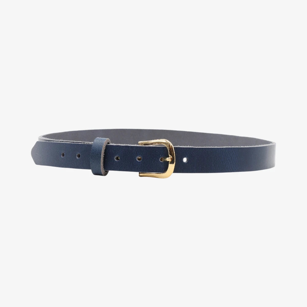 Full width view of Navy belt with a gold buckle on a white background