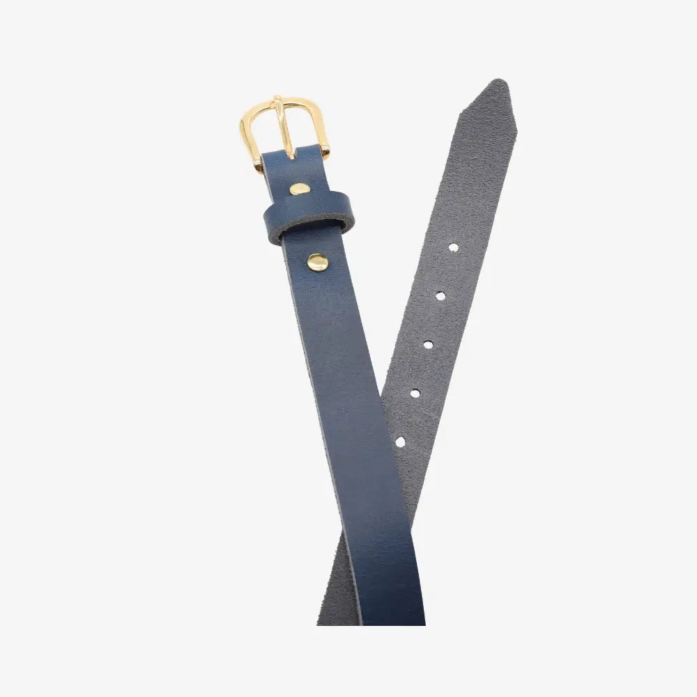 Top angle view of Navy leather belt with gold buckle on a white background