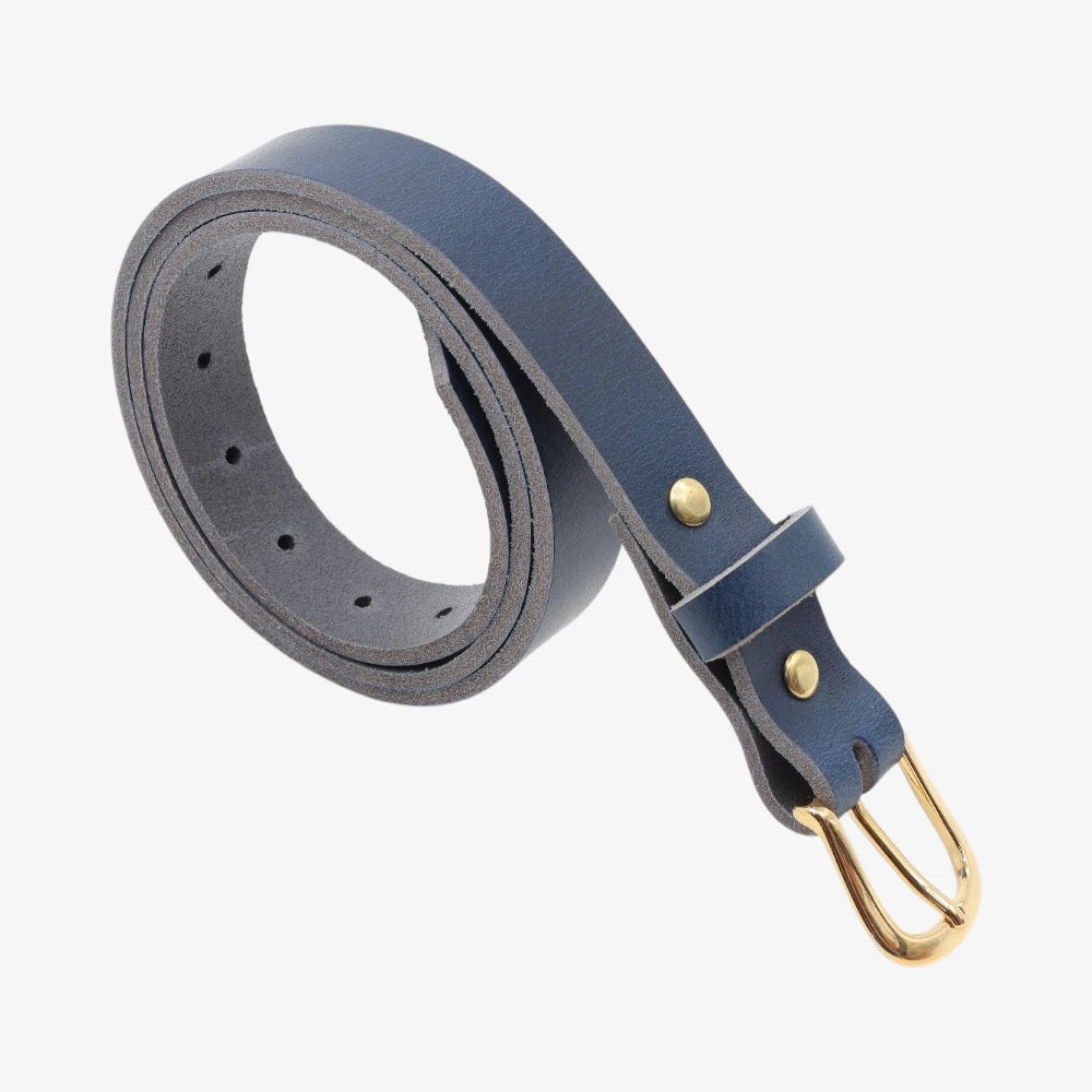 Navy leather belt with gold buckle on a white background
