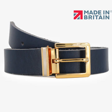 Navy leather belt with gold buckle on a white background, featuring 'Made in Britain' logo.