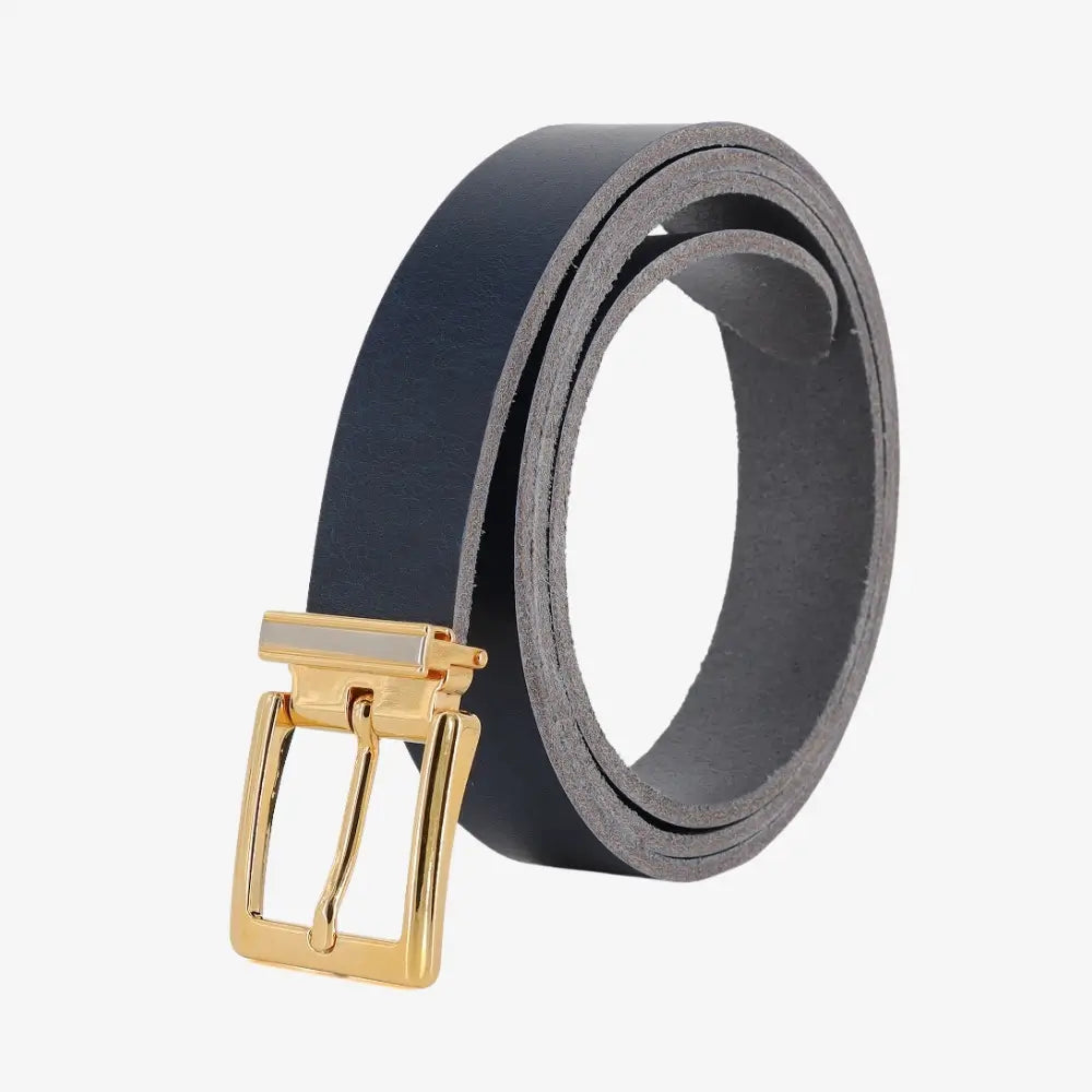 Navy belt with a gold buckle on a white background