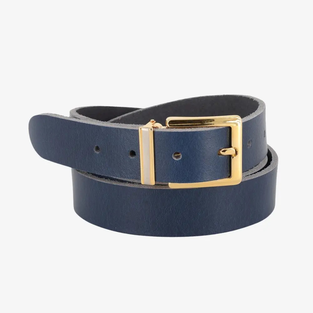 Navy leather belt with a gold buckle on a white background