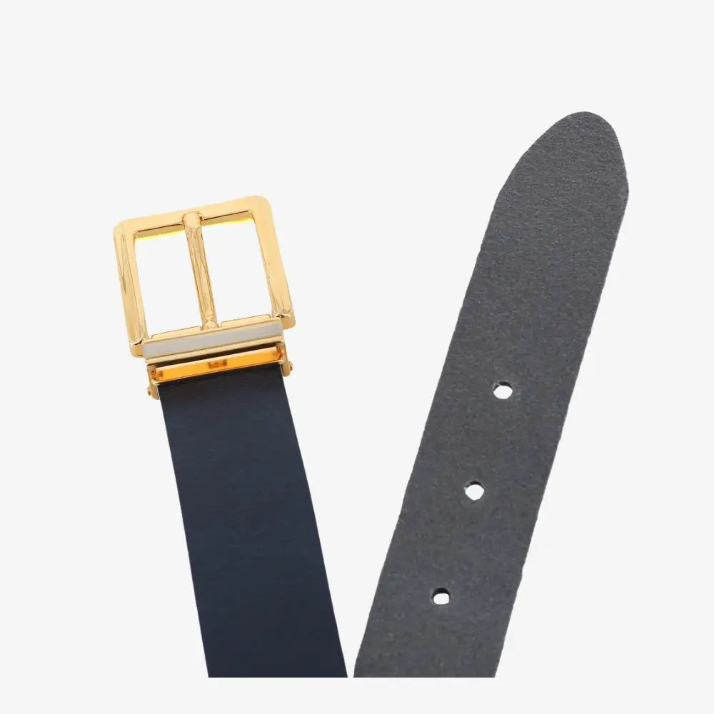 Navy belt with gold buckle on a white background