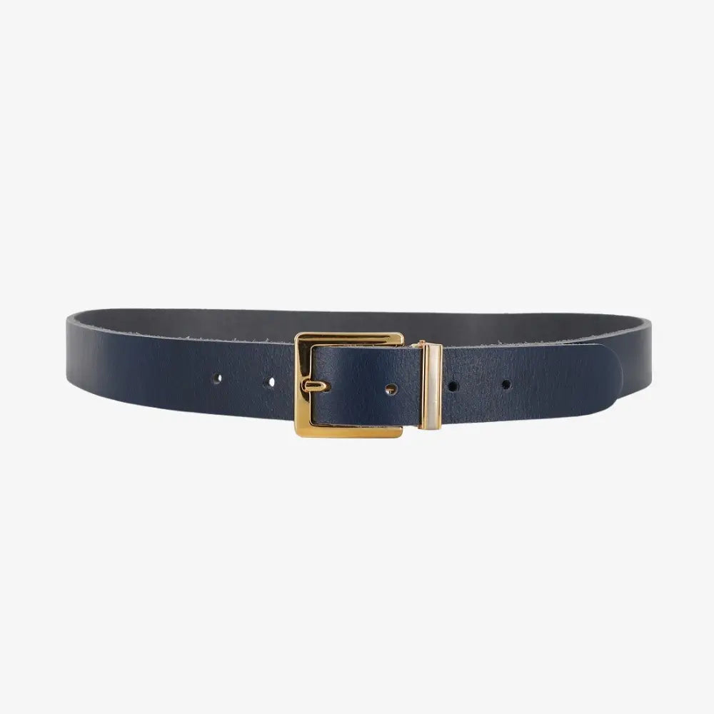Full width view of Navy belt with a gold buckle on a white background