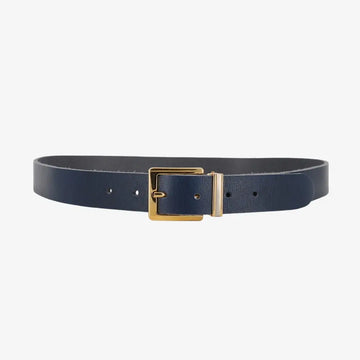 Full width view of Navy belt with a gold buckle on a white background