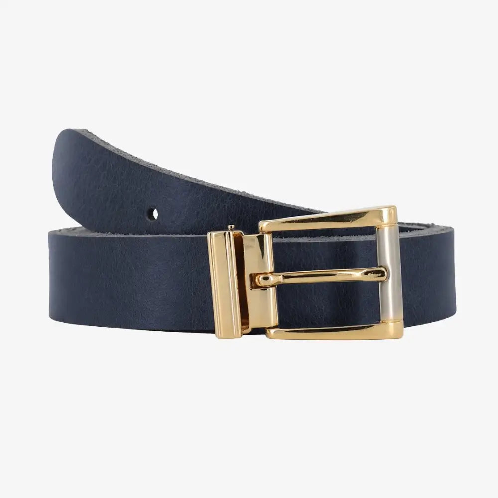 Front view of Navy womens signature frame leather belt on agrey background