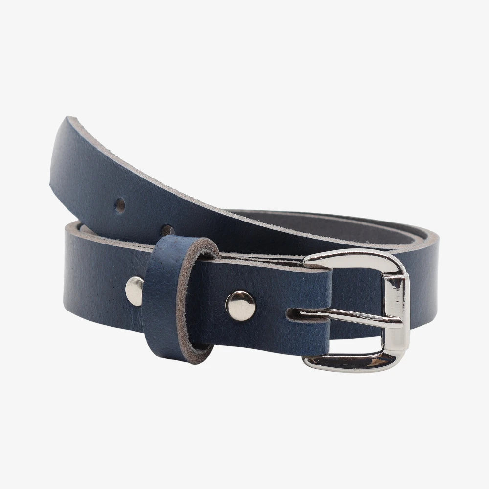 Front view of Navy leather belt with silver buckle on a white background