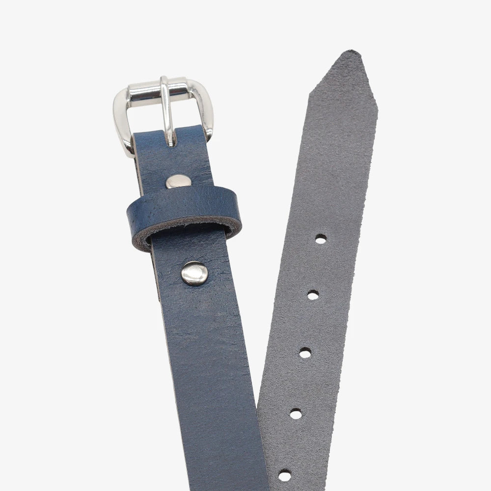 Top angle view of Navy leather belt with silver buckle on a white background