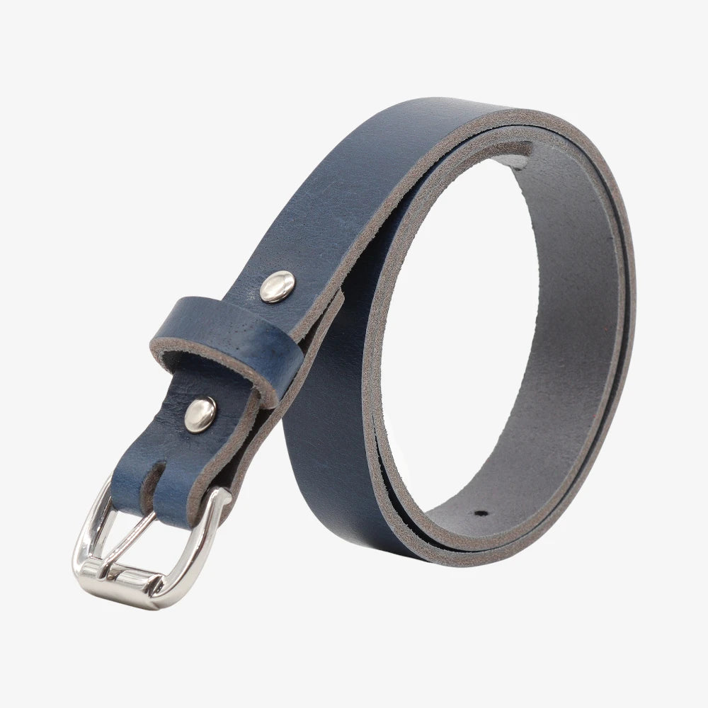 Navy leather belt with silver buckle on a white background