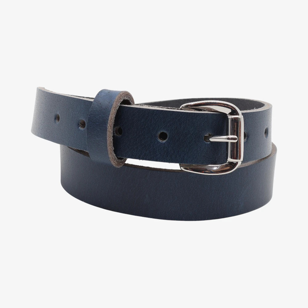 Navy leather belt with a silver buckle on a white background