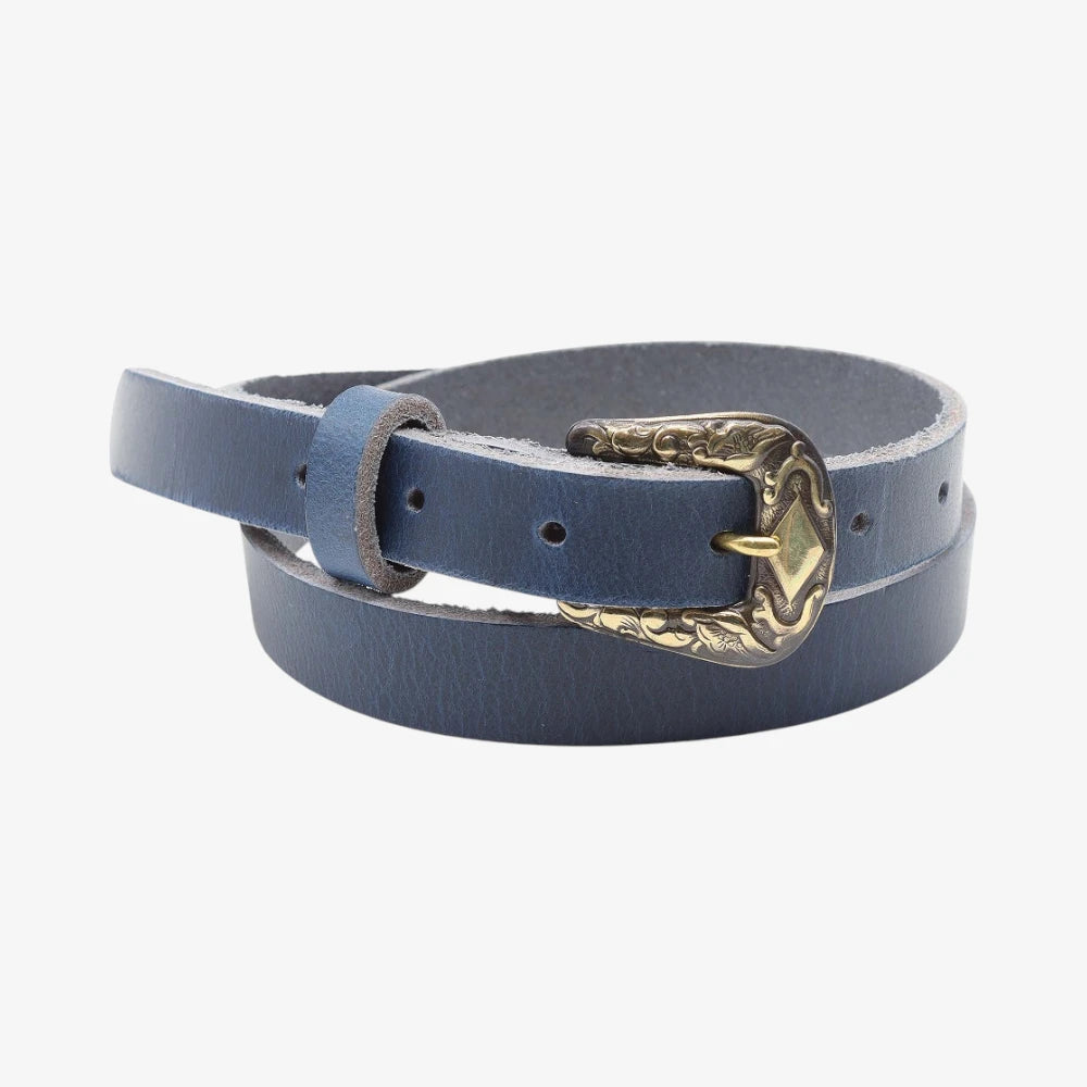 Front view of Blue leather women slim belt antique brass horse buckle on a grey background