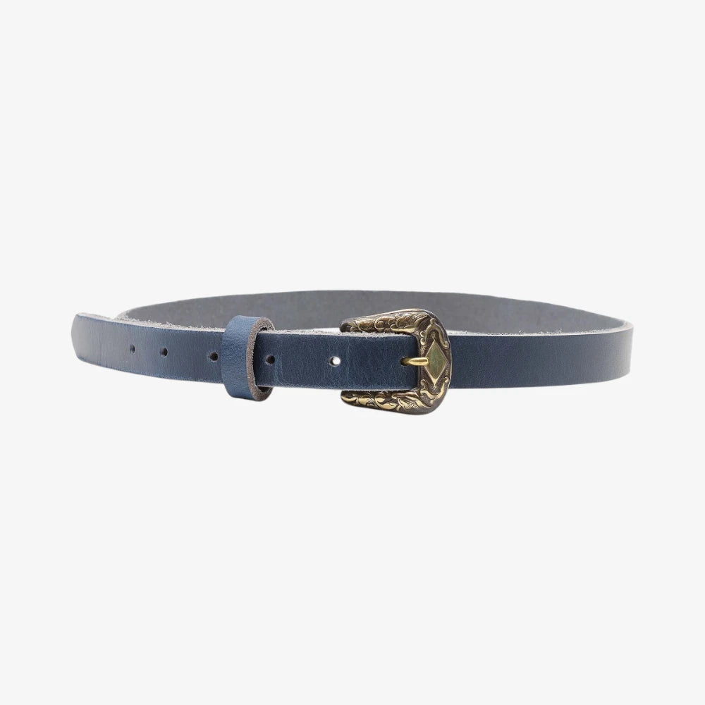Full width view of Navy leather women slim belt antique brass horse buckle on a grey background