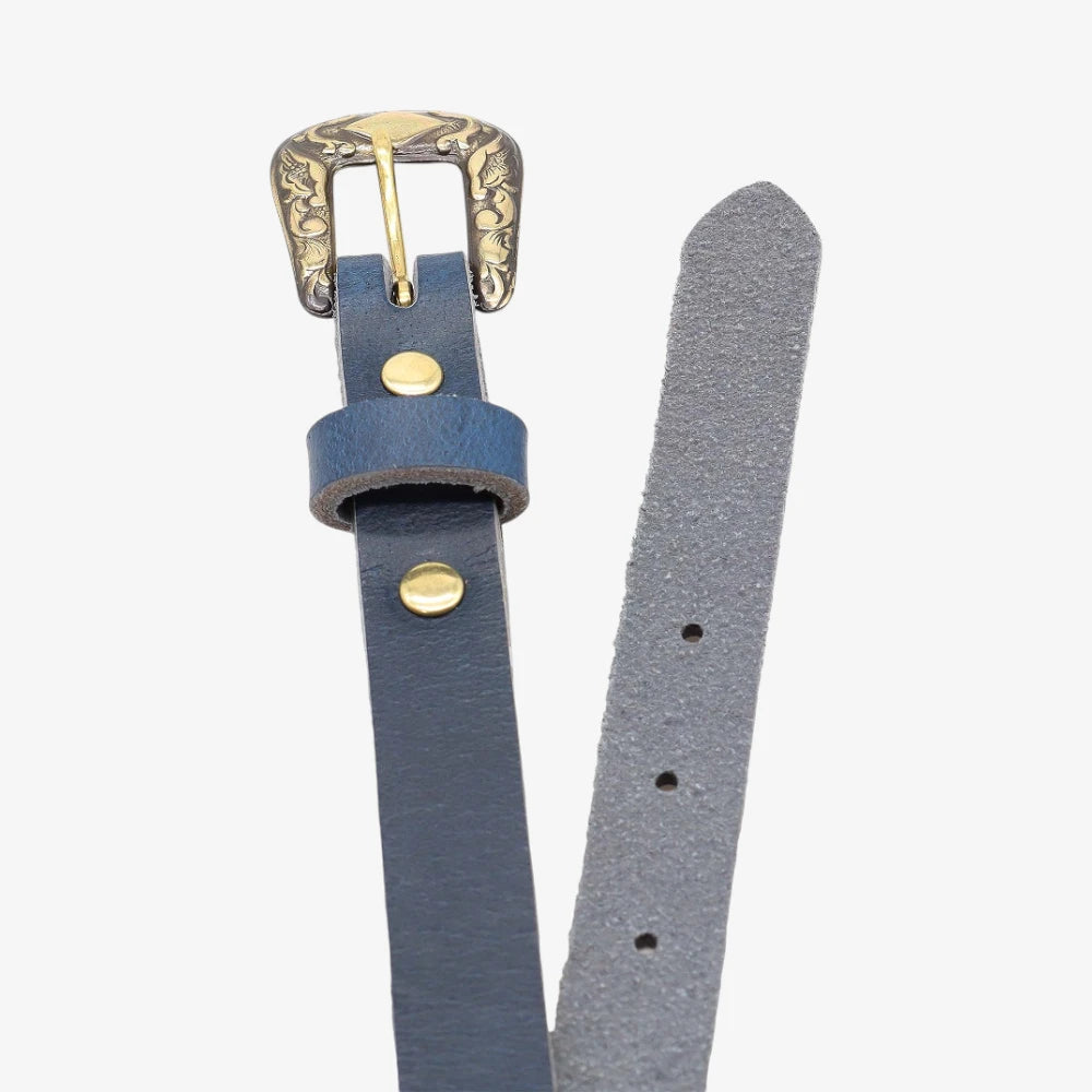 Top angle view of Navy leather women slim belt antique brass horse buckle on a grey background