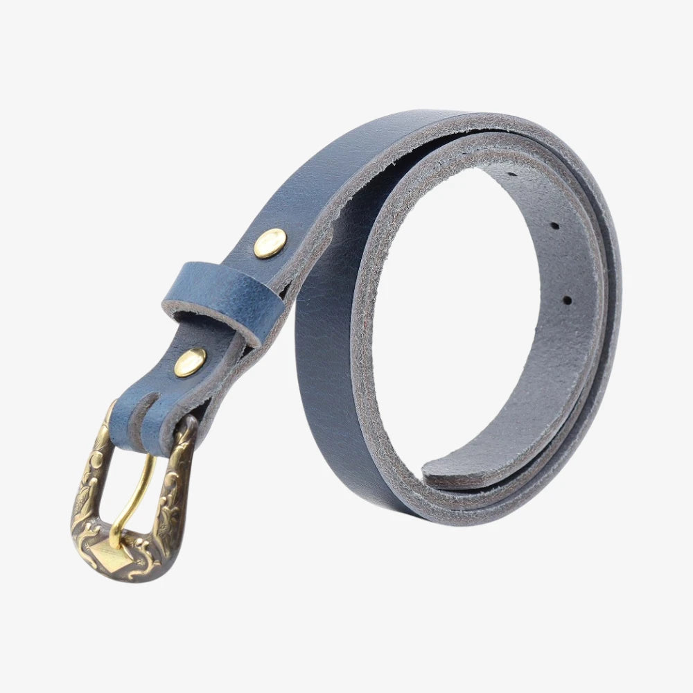 Navy leather women slim belt antique brass horse buckle on a grey background