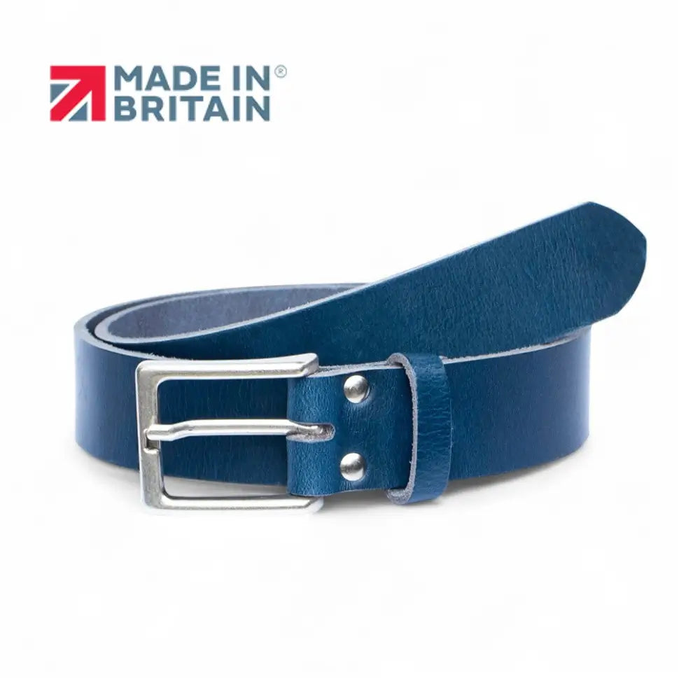 Navy leather belt with silver buckle on a white background, featuring 'Made in Britain' logo.
