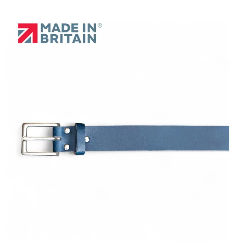 Navy leather belt with silver buckle on a white background, featuring 'Made in Britain' logo.