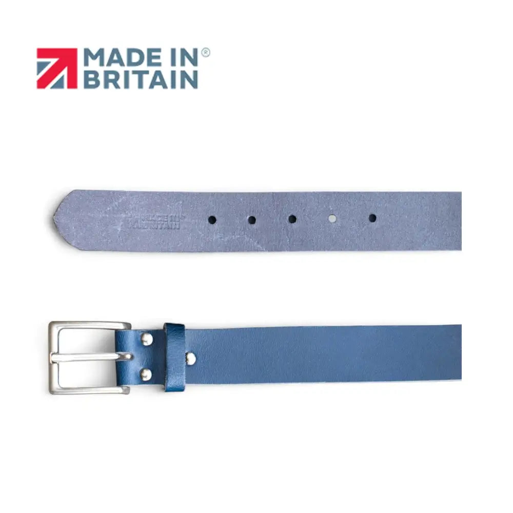 Navy leather belt with silver buckle on a white background, featuring 'Made in Britain' logo.