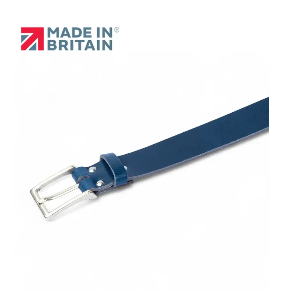Navy leather belt with silver buckle on a white background, featuring 'Made in Britain' logo.