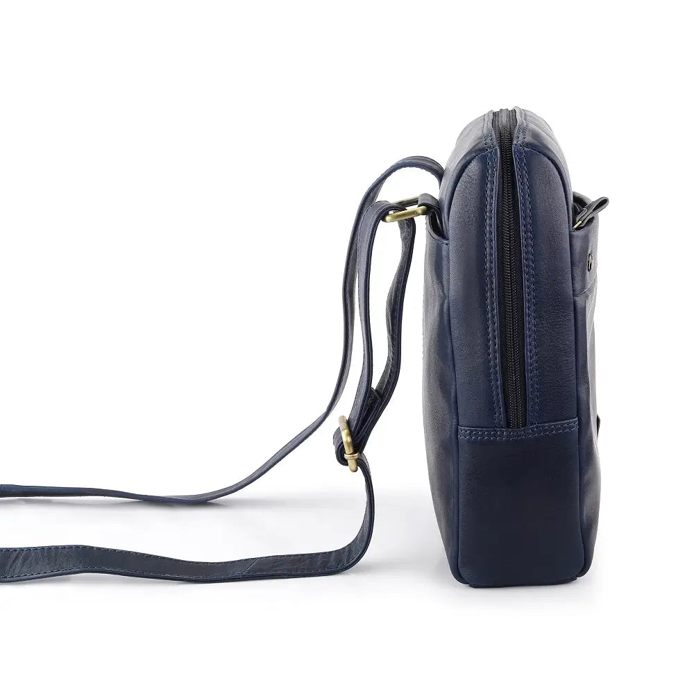 Navy leather messenger bag on a white background